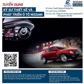 TUYỂN DỤNG KỸ SƯ THIẾT KẾ VÀ PHÁT TRIỂN Ô TÔ NISSAN